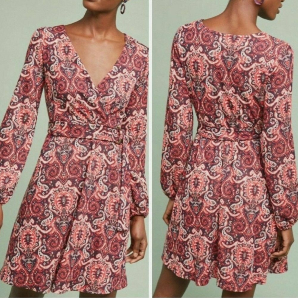 Maeve Red and Dark Purple Paisley Long Sleeve Dress Size Medium NWT